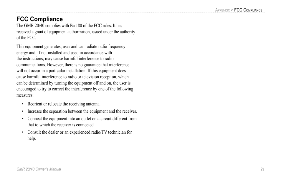 Fcc compliance | Garmin GMR 20 User Manual | Page 25 / 32