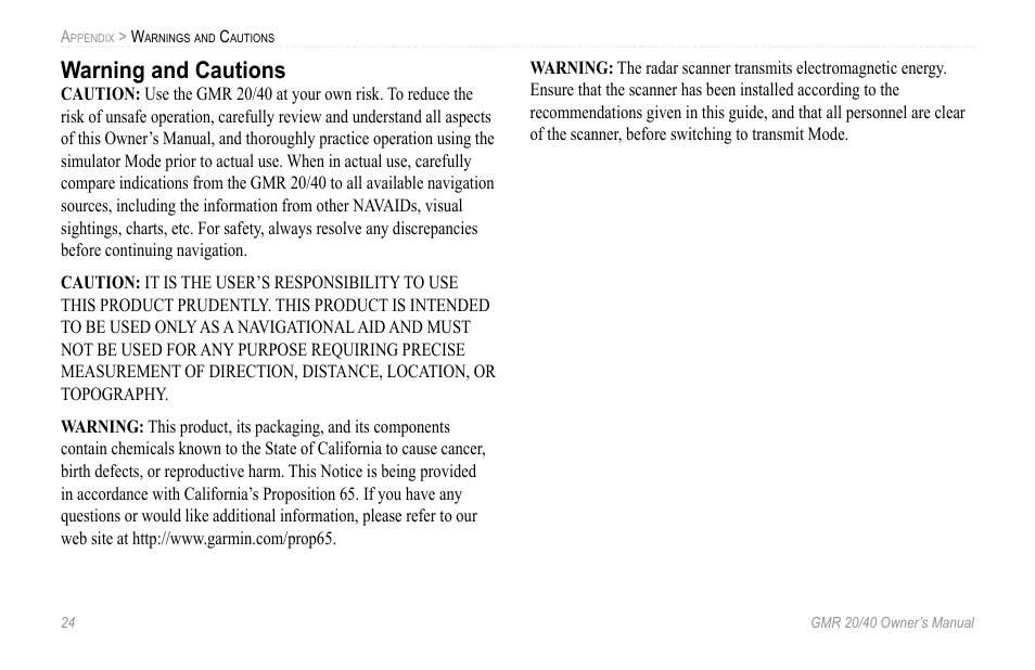 Warning and cautions | Garmin GMR 20 User Manual | Page 28 / 32