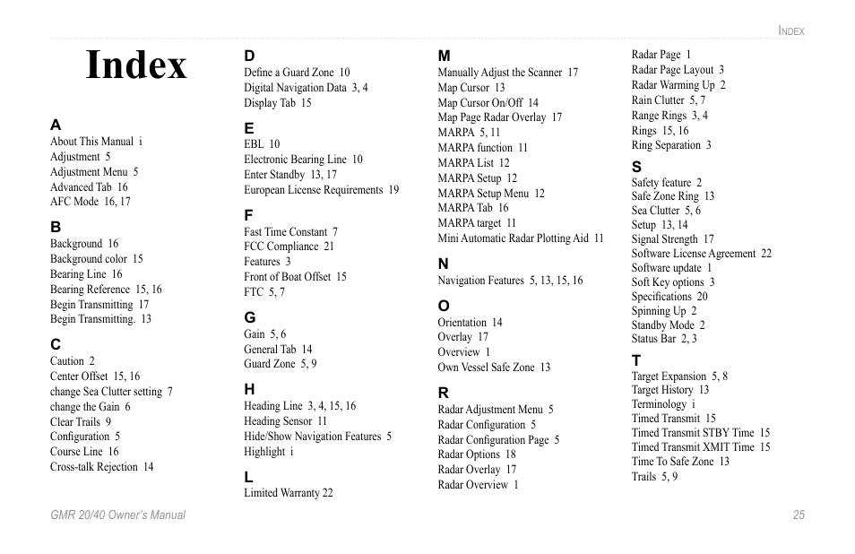 Index | Garmin GMR 20 User Manual | Page 29 / 32