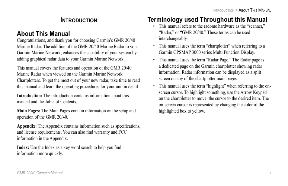 Introduction, About this manual, Terminology used throughout this manual | Garmin GMR 20 User Manual | Page 3 / 32