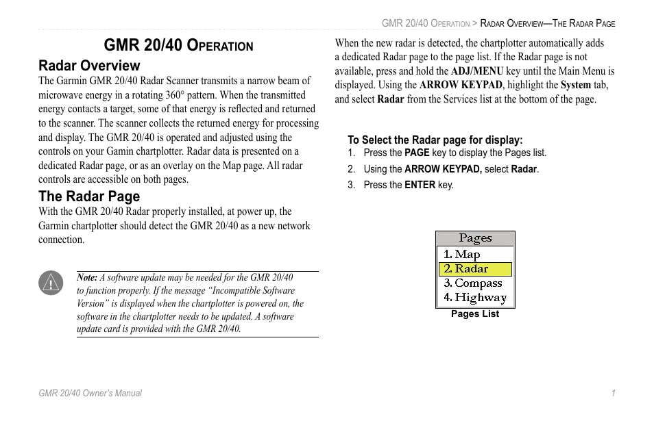 Gmr 20/40 operation, Radar overview, Gmr 20/40 o | The radar page | Garmin GMR 20 User Manual | Page 5 / 32