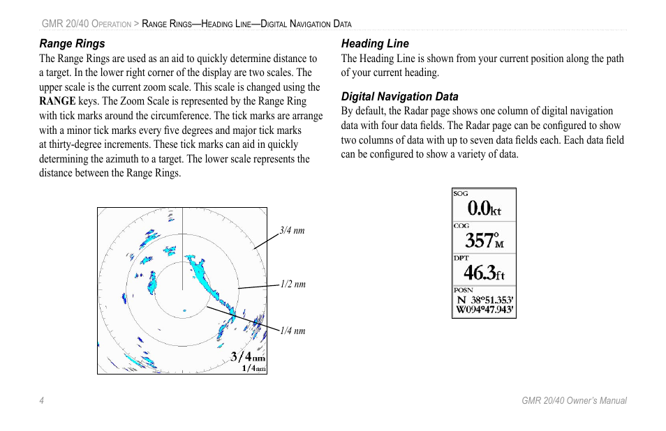 Range rings, Heading line, Digital navigation data | Garmin GMR 20 User Manual | Page 8 / 32