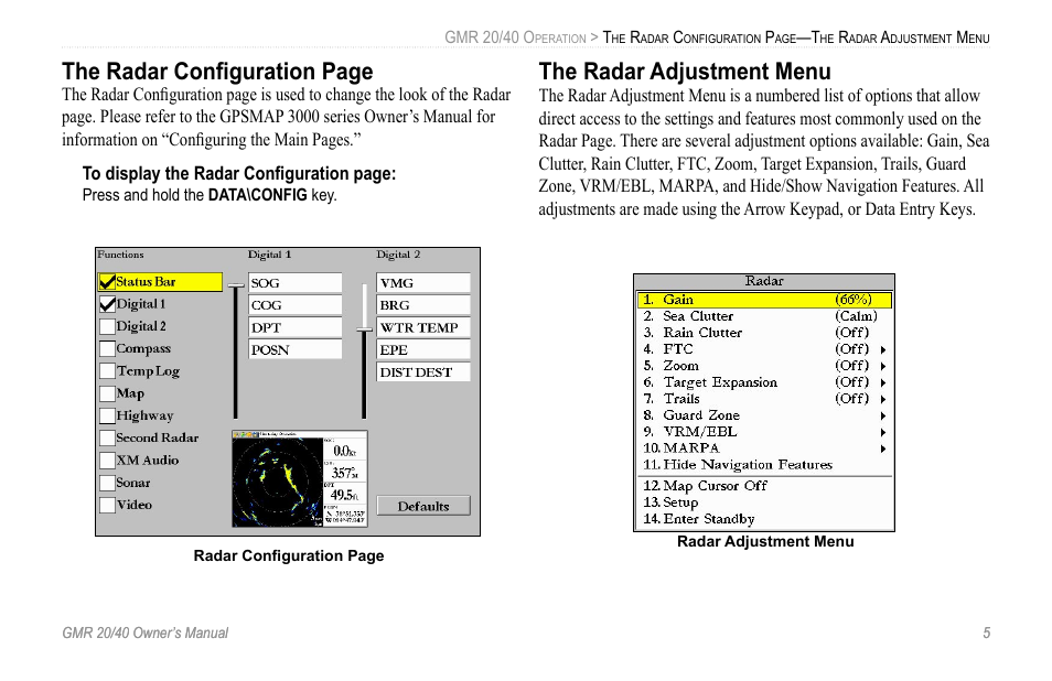 The radar adjustment menu, The radar conﬁguration page | Garmin GMR 20 User Manual | Page 9 / 32