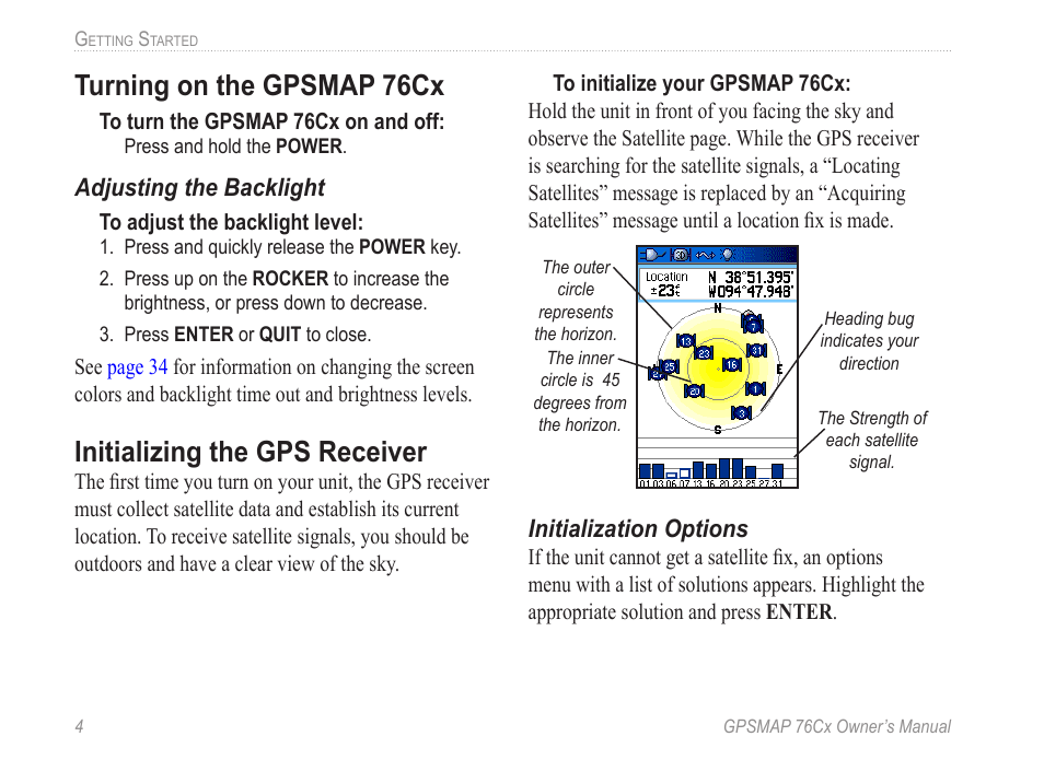 Turning on the gpsmap 76cx, Initializing the gps receiver, Turning on the gpsm�p 76cx | Garmin GPSMAP 190-00557-00 User Manual | Page 10 / 58