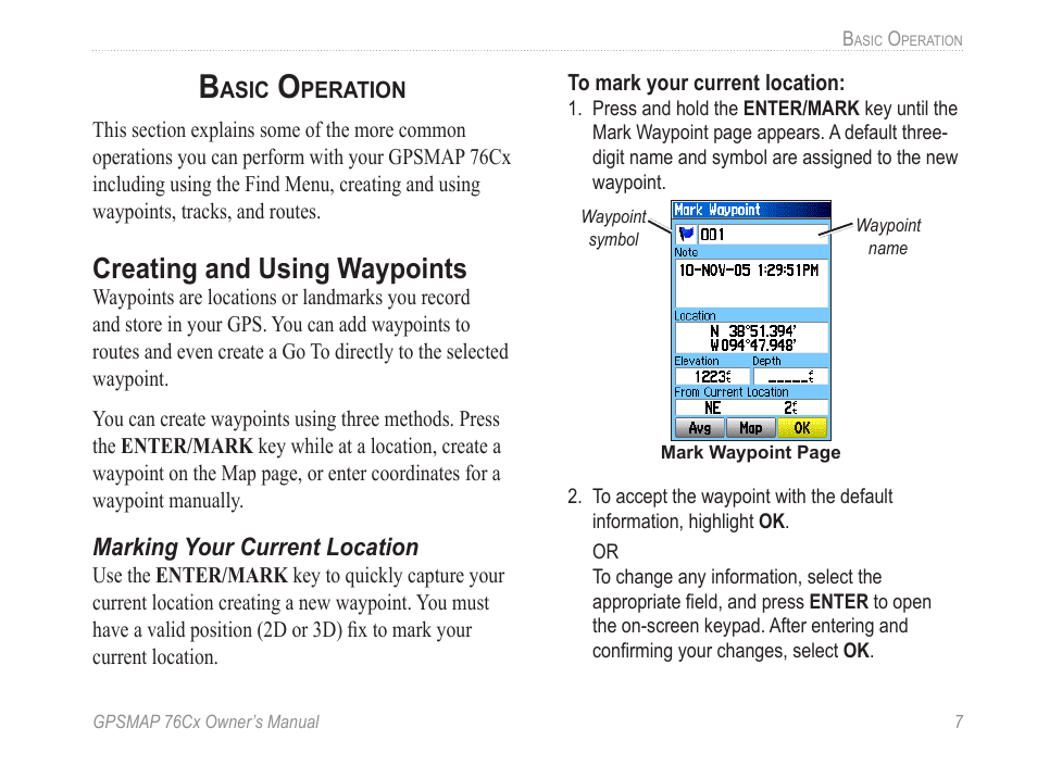 Basic operation, Creating and using waypoints | Garmin GPSMAP 190-00557-00 User Manual | Page 13 / 58