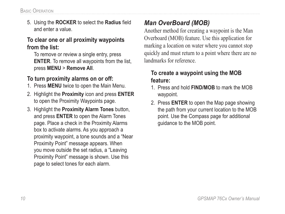 Man overboard (mob) | Garmin GPSMAP 190-00557-00 User Manual | Page 16 / 58