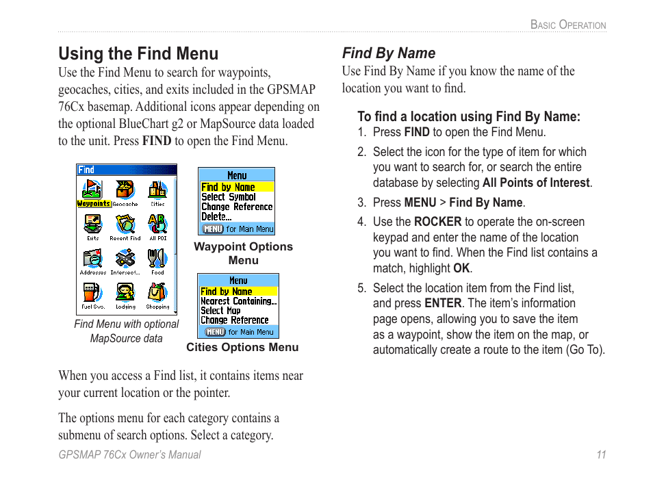 Using the find menu, Find by name | Garmin GPSMAP 190-00557-00 User Manual | Page 17 / 58