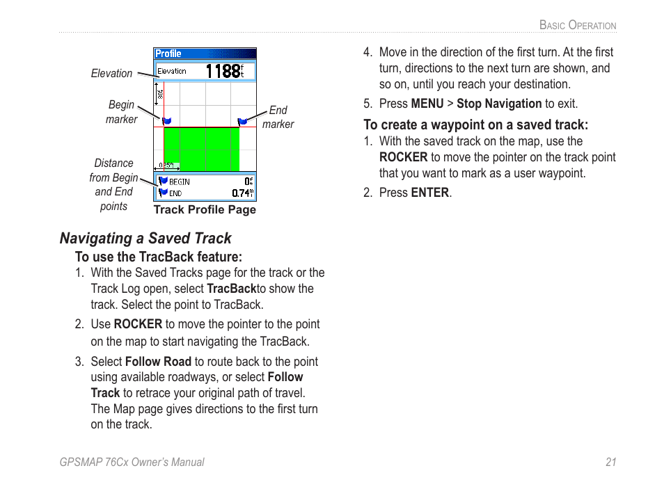 Creating and using routes” on, Navigating a saved track | Garmin GPSMAP 190-00557-00 User Manual | Page 27 / 58