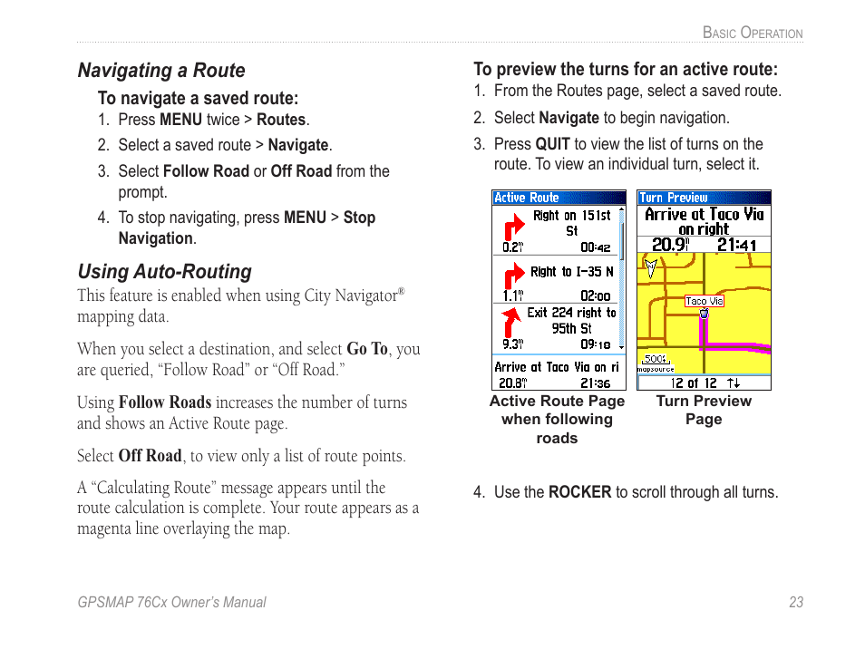 Navigating a route, Using auto-routing | Garmin GPSMAP 190-00557-00 User Manual | Page 29 / 58