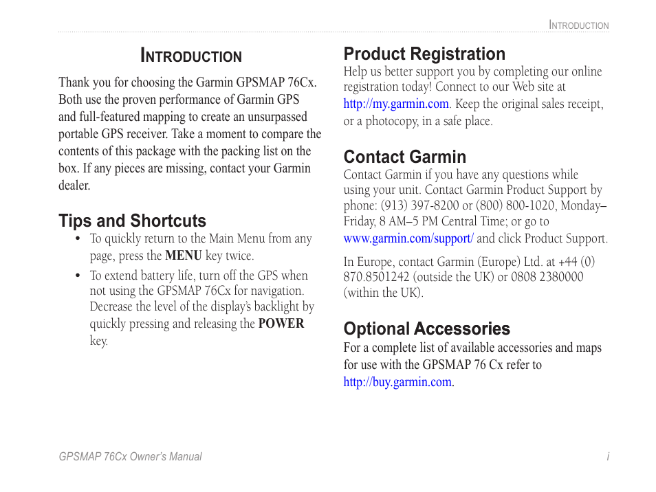 Introduction, Tips and shortcuts, Product registration | Contact garmin, Optional accessories, Optional �ccessories �ccessories | Garmin GPSMAP 190-00557-00 User Manual | Page 3 / 58