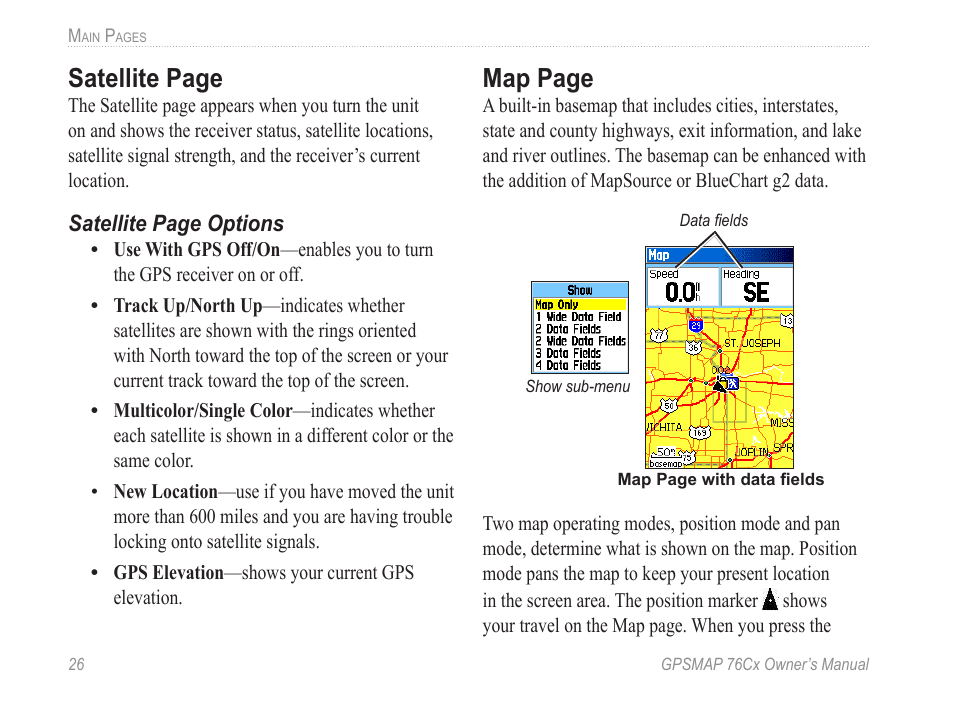 Satellite page, Map page | Garmin GPSMAP 190-00557-00 User Manual | Page 32 / 58