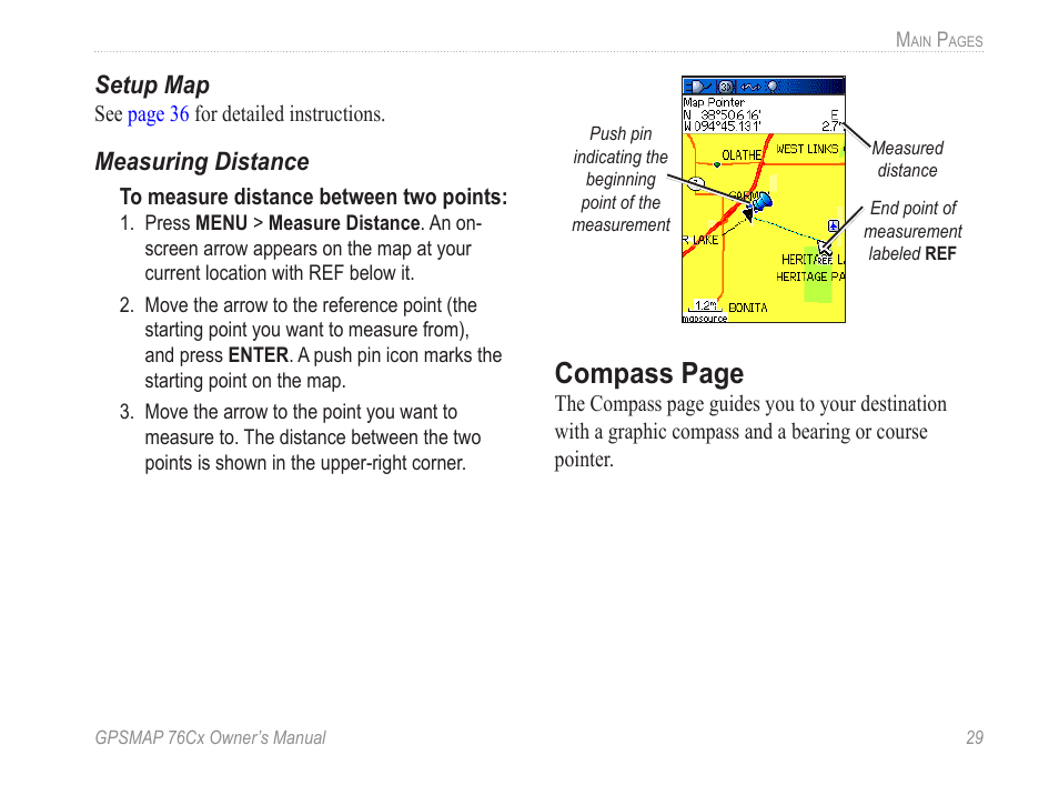 Compass page, Setup map, Measuring distance | Garmin GPSMAP 190-00557-00 User Manual | Page 35 / 58