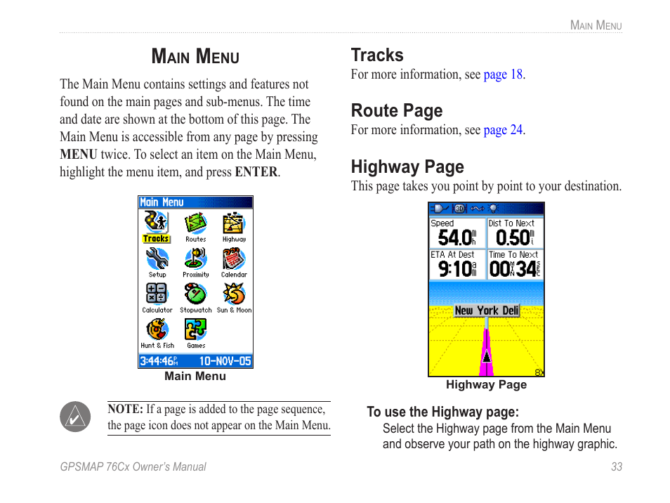 Main menu, Tracks, Route page | Highway page | Garmin GPSMAP 190-00557-00 User Manual | Page 39 / 58