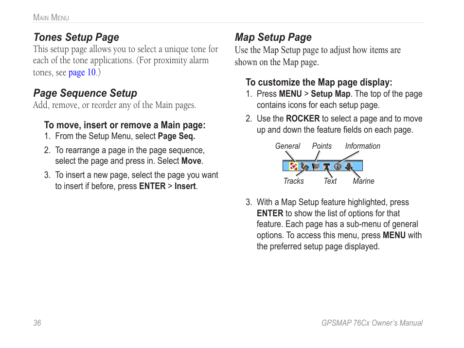 Tones setup page, Page sequence setup, Map setup page | Garmin GPSMAP 190-00557-00 User Manual | Page 42 / 58