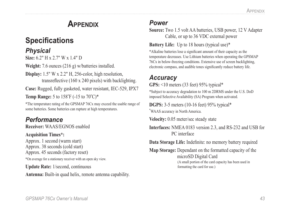 Appendix, Specifications, Ppendix | Physical, Performance, Power, Accuracy | Garmin GPSMAP 190-00557-00 User Manual | Page 49 / 58