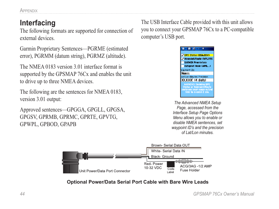 Interfacing | Garmin GPSMAP 190-00557-00 User Manual | Page 50 / 58