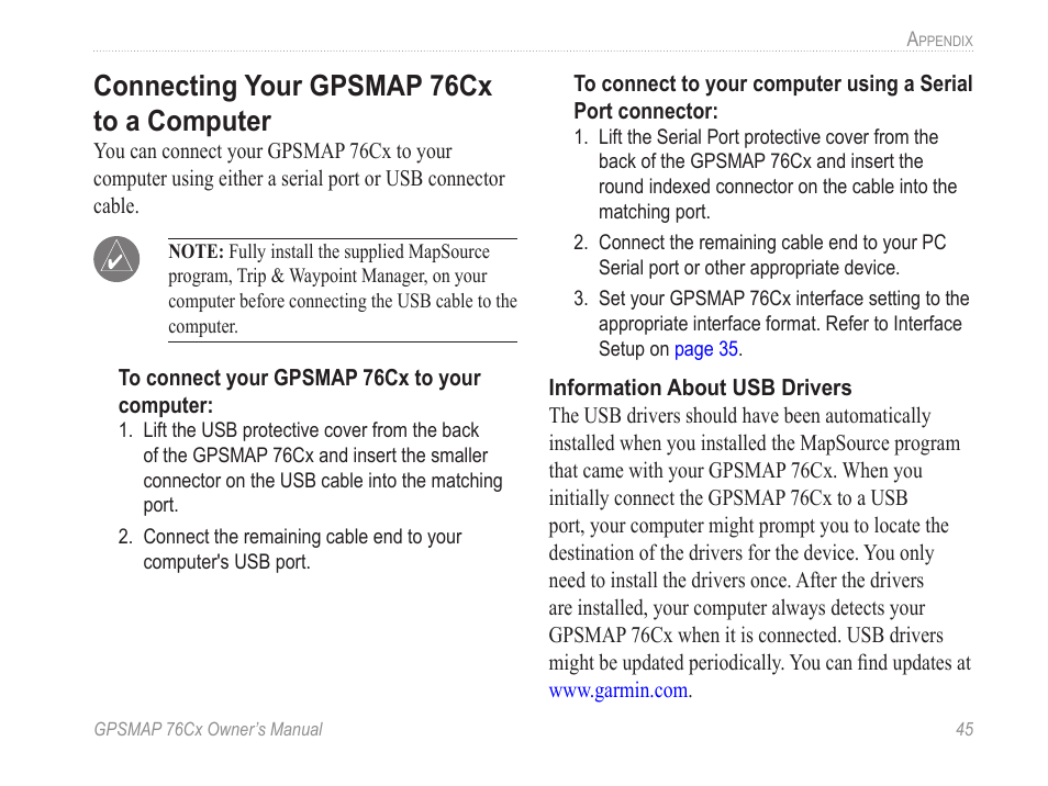 Connecting your gpsmap 76cx to a computer, Connecting your gpsm�p 76cx to a computer | Garmin GPSMAP 190-00557-00 User Manual | Page 51 / 58