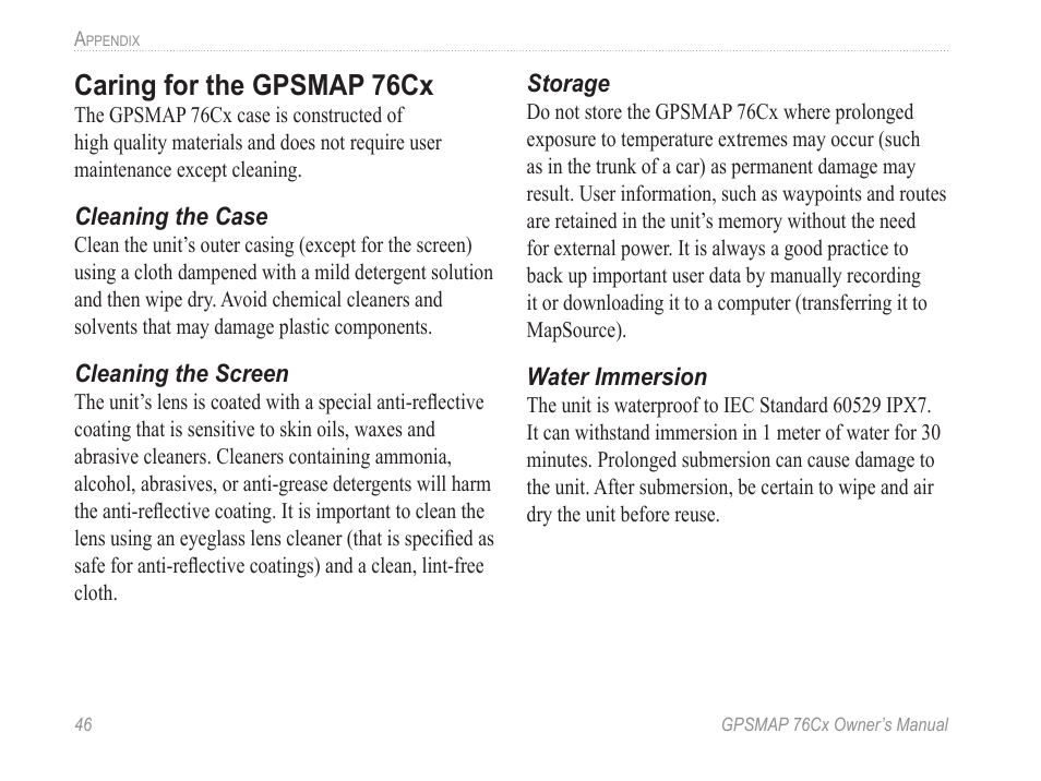 Caring for the gpsmap 76cx, Caring for the gpsm�p 76cx | Garmin GPSMAP 190-00557-00 User Manual | Page 52 / 58