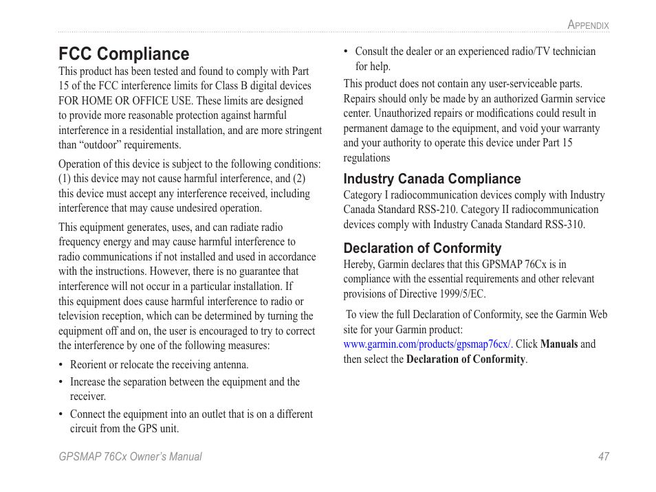 Fcc compliance | Garmin GPSMAP 190-00557-00 User Manual | Page 53 / 58