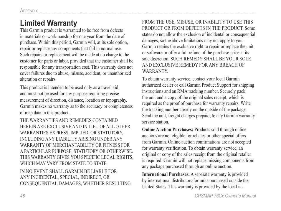 Limited warranty | Garmin GPSMAP 190-00557-00 User Manual | Page 54 / 58