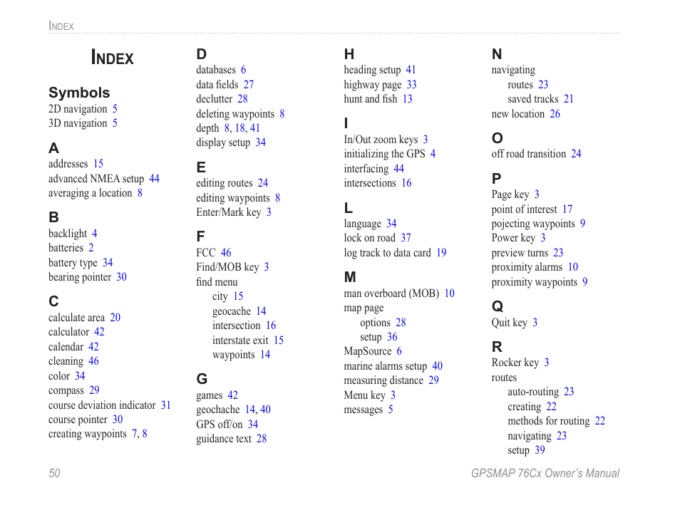 Index, Ndex | Garmin GPSMAP 190-00557-00 User Manual | Page 56 / 58