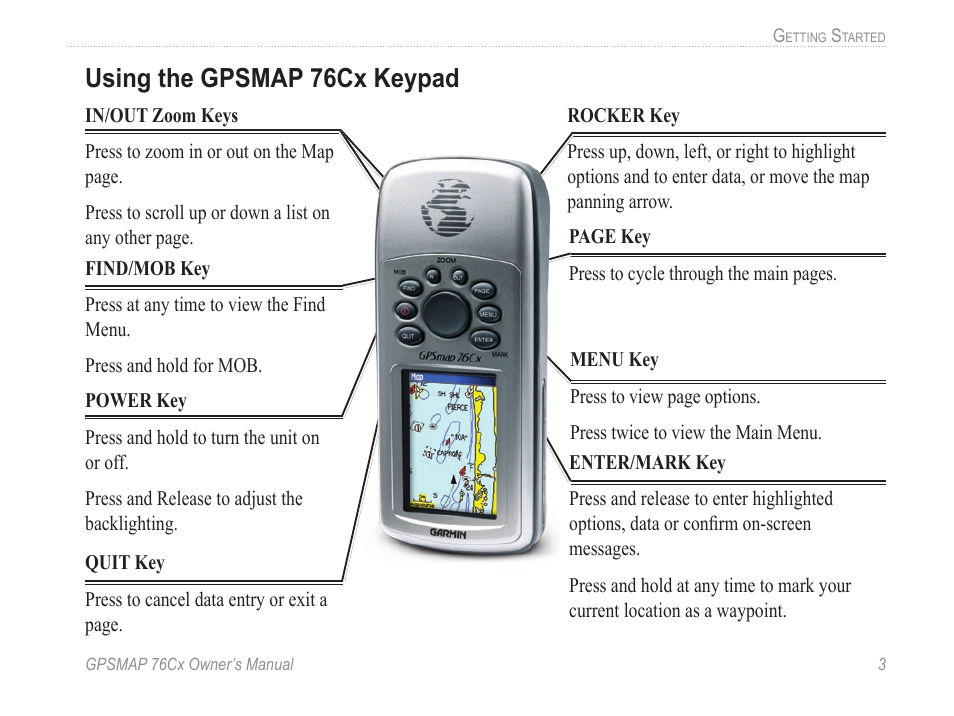 Using the gpsmap 76cx keypad, Using the gpsm�p 76cx keypad | Garmin GPSMAP 190-00557-00 User Manual | Page 9 / 58