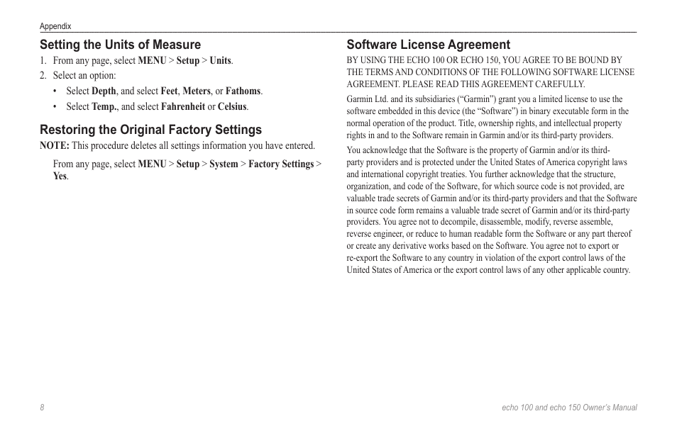 Setting the units of measure, Restoring the original factory settings, Software license agreement | Garmin echo 100 User Manual | Page 10 / 12