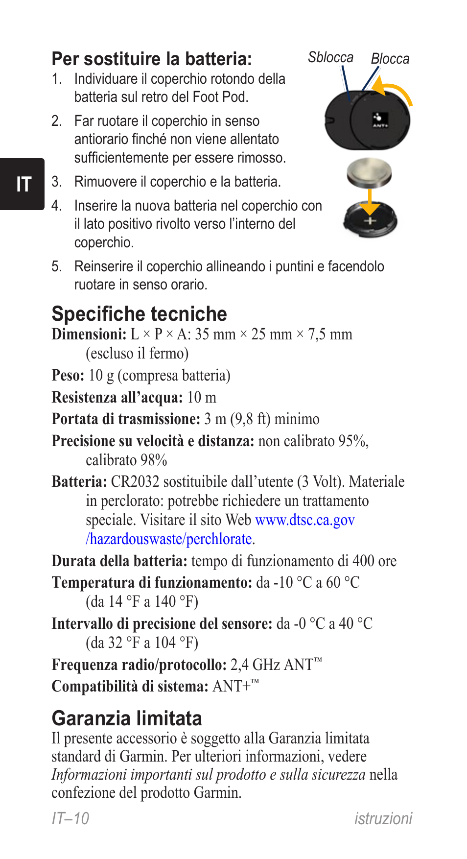 Specifiche tecniche, Garanzia limitata, Per sostituire la batteria | Garmin Music Pedal User Manual | Page 10 / 36