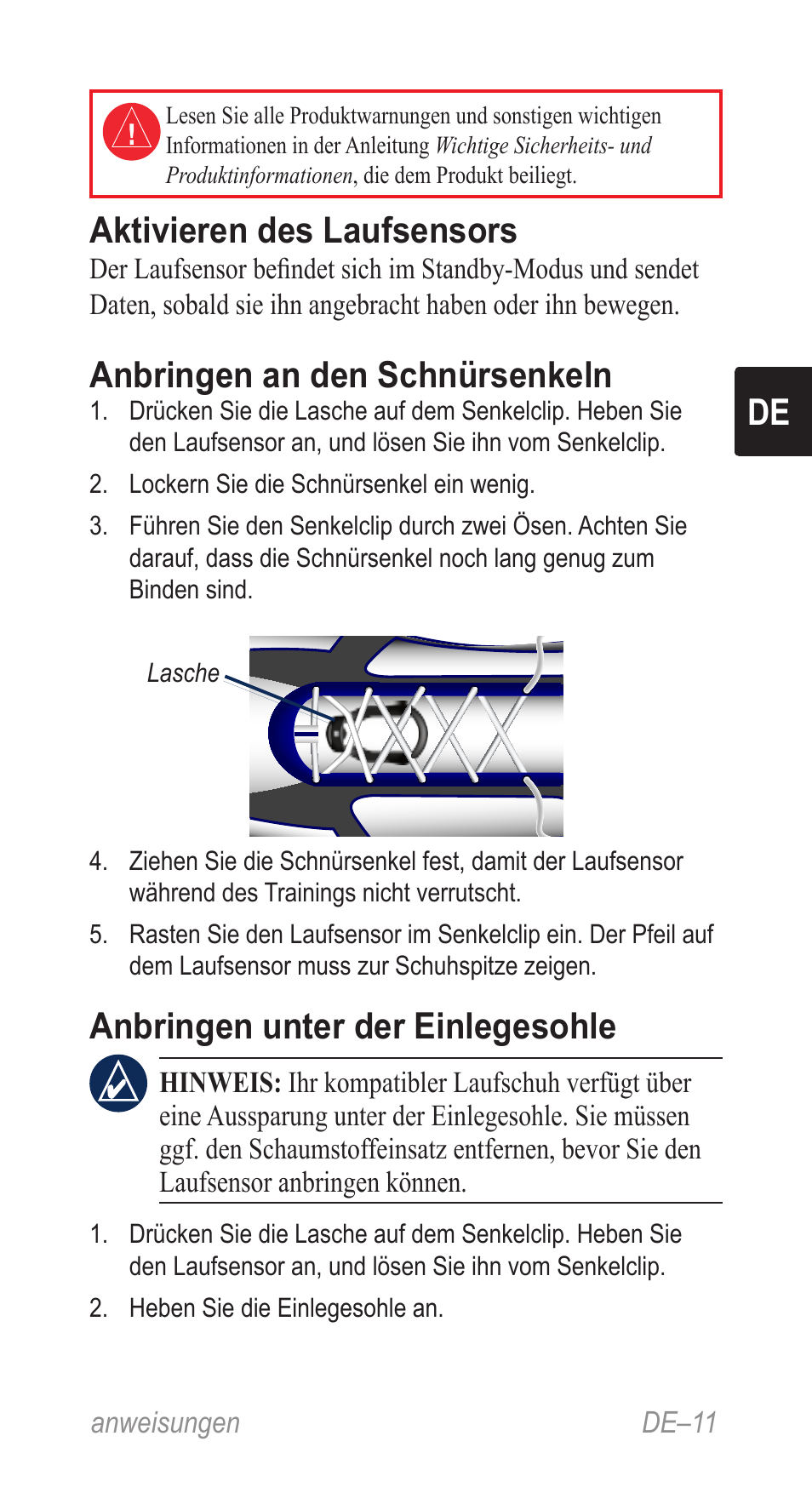 Anweisungen (de), Aktivieren des laufsensors, Anbringen an den schnürsenkeln | Anbringen unter der einlegesohle | Garmin Music Pedal User Manual | Page 11 / 36