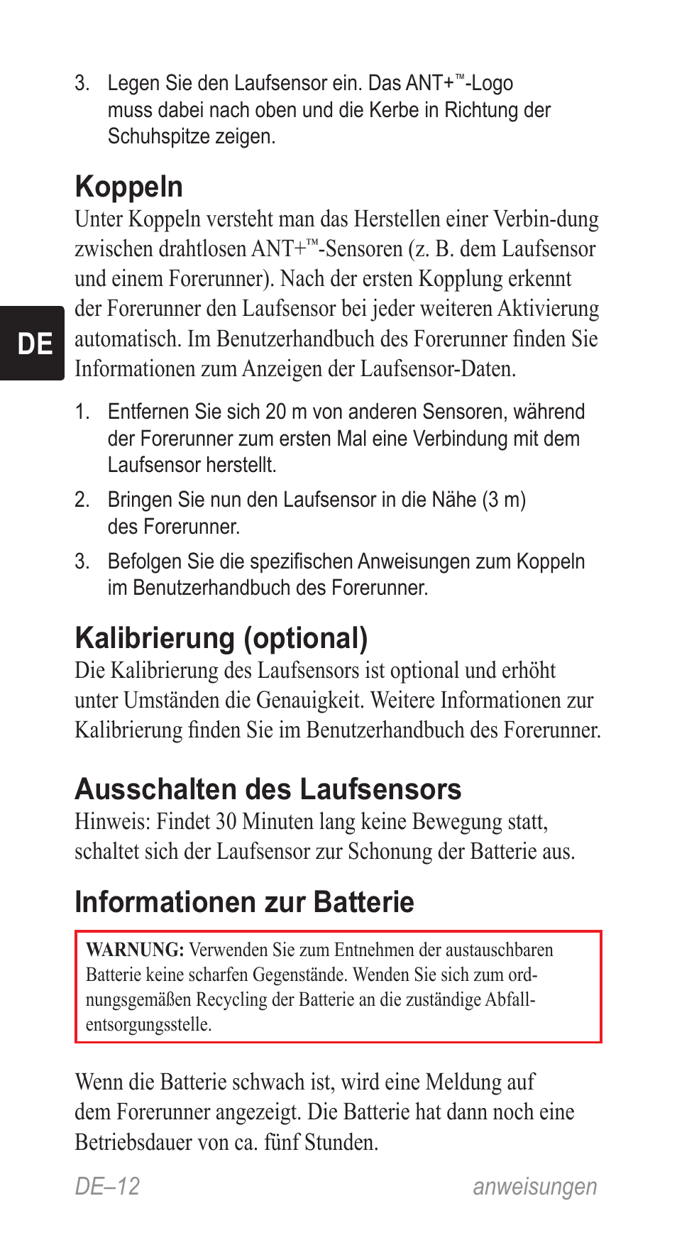 Koppeln, Kalibrierung (optional), Ausschalten des laufsensors | Informationen zur batterie | Garmin Music Pedal User Manual | Page 12 / 36