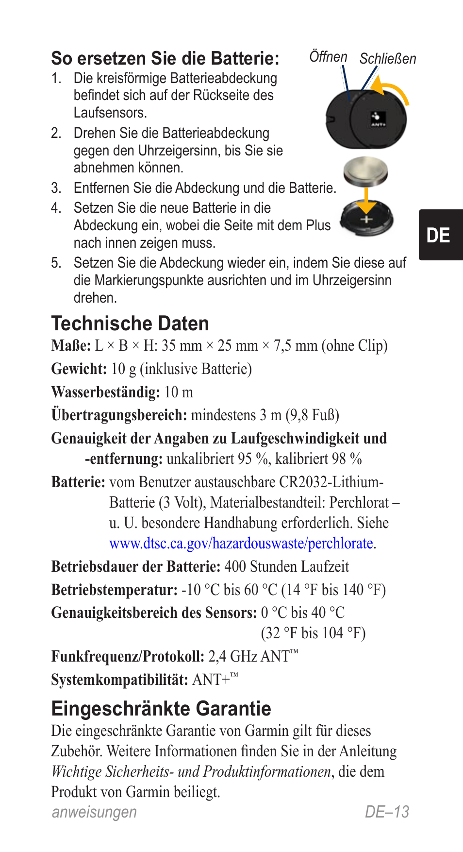 Technische daten, Eingeschränkte garantie, So ersetzen sie die batterie | Garmin Music Pedal User Manual | Page 13 / 36