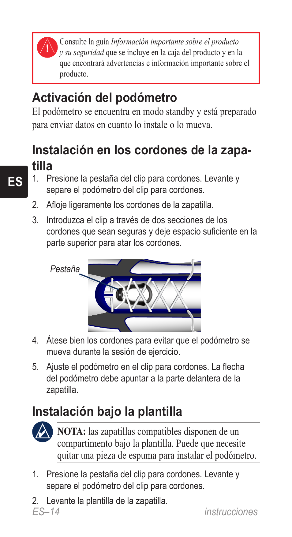 Instrucciones (es), Activación del podómetro, Instalación en los cordones de la zapa- tilla | Instalación bajo la plantilla | Garmin Music Pedal User Manual | Page 14 / 36