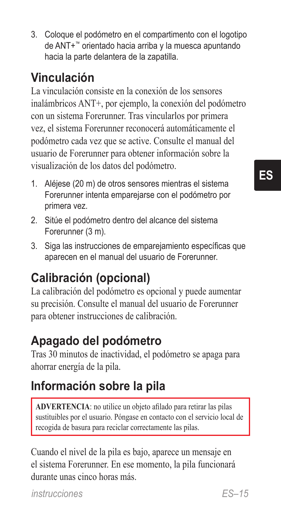 Vinculación, Calibración (opcional), Apagado del podómetro | Información sobre la pila | Garmin Music Pedal User Manual | Page 15 / 36