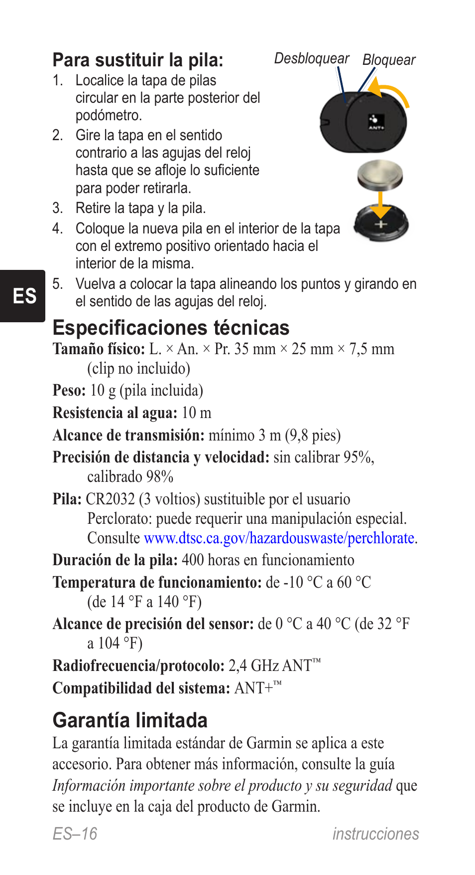 Especificaciones técnicas, Garantía limitada, Para sustituir la pila | Garmin Music Pedal User Manual | Page 16 / 36