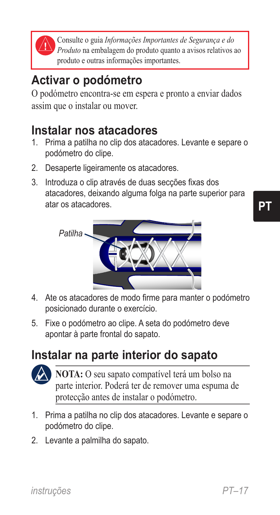 Instruções (pt), Pt activar o podómetro, Instalar nos atacadores | Instalar na parte interior do sapato | Garmin Music Pedal User Manual | Page 17 / 36