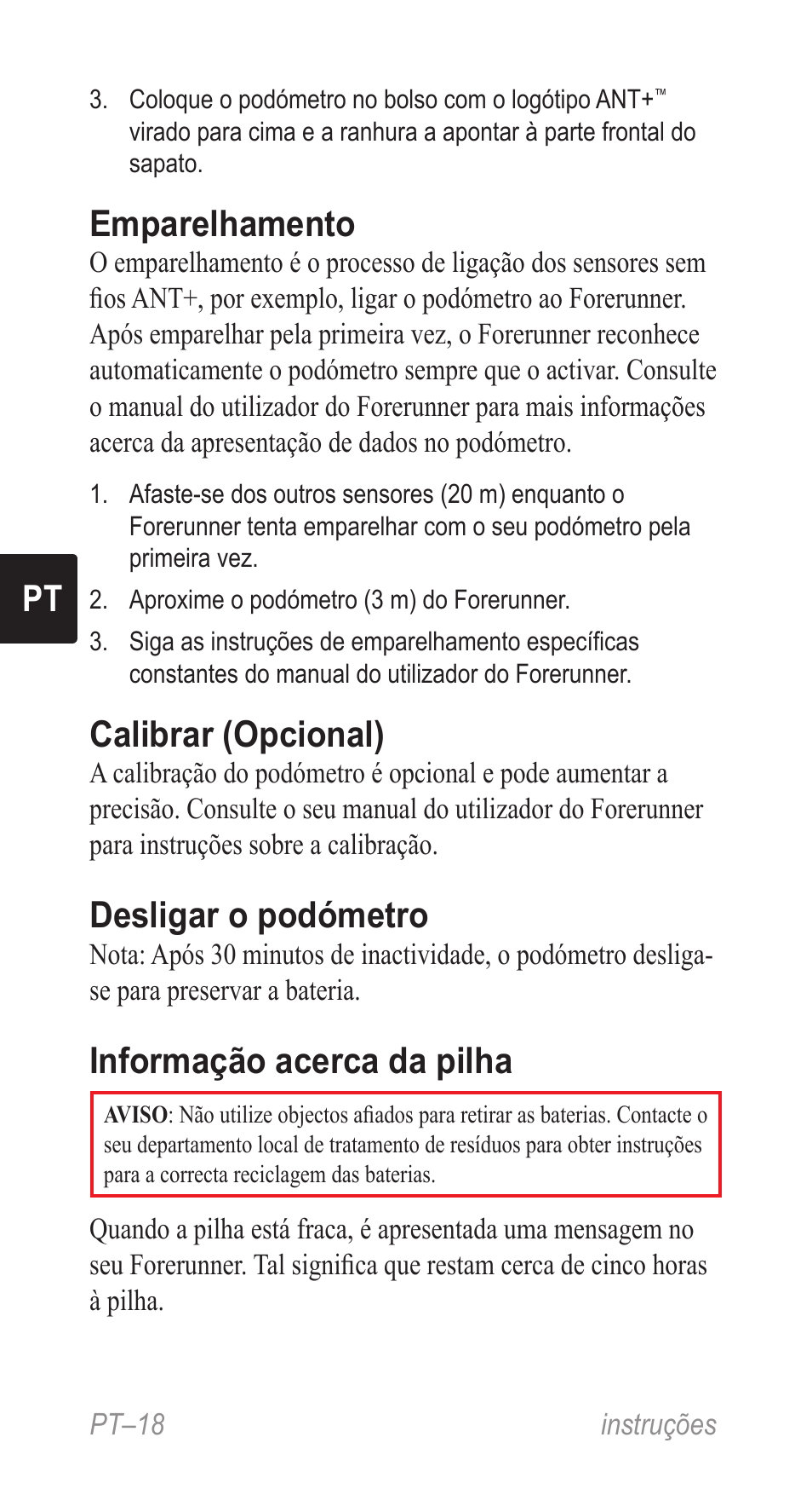 Emparelhamento, Calibrar (opcional), Desligar o podómetro | Informação acerca da pilha | Garmin Music Pedal User Manual | Page 18 / 36
