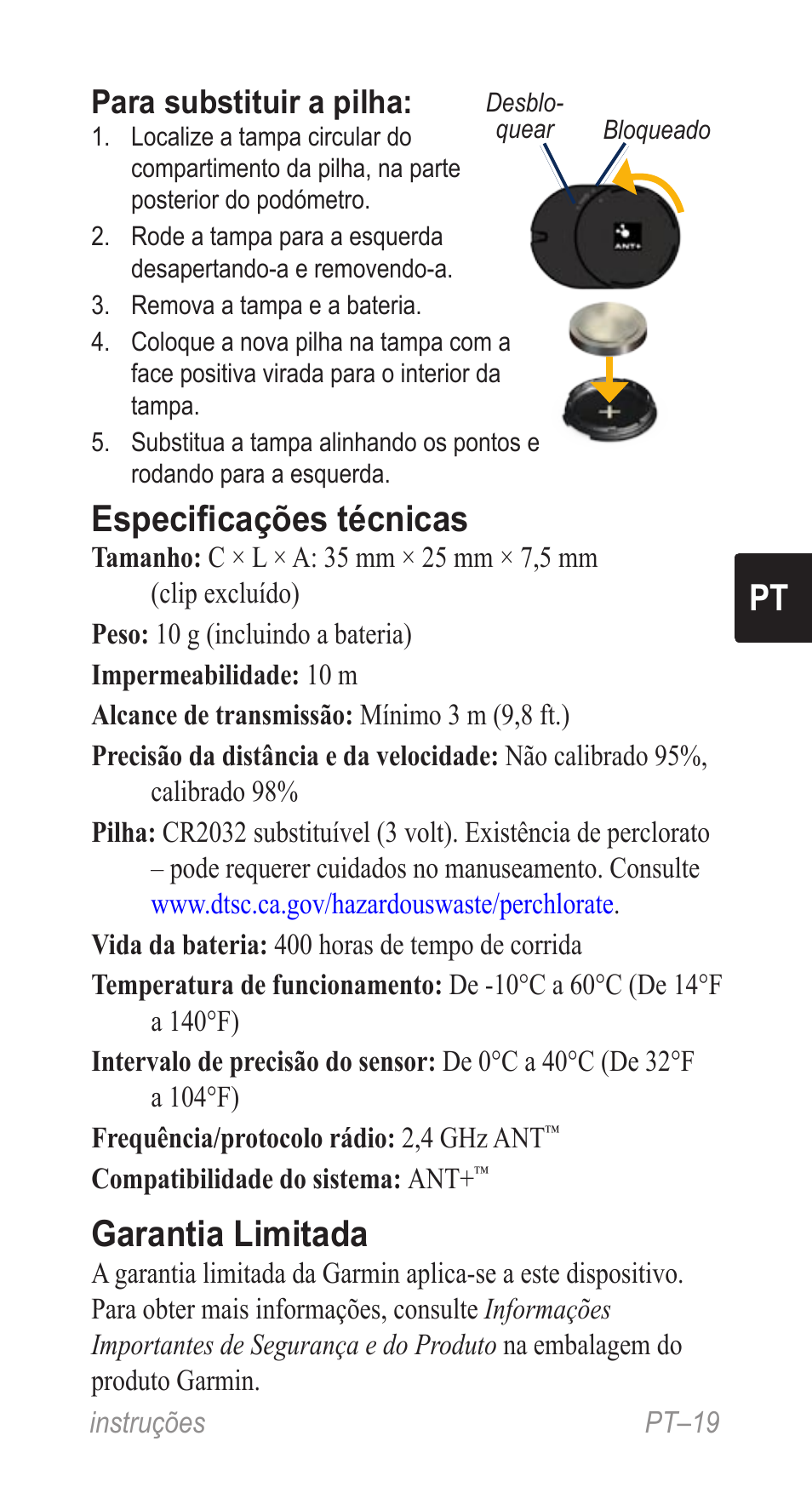 Especificações técnicas, Garantia limitada, Para substituir a pilha | Garmin Music Pedal User Manual | Page 19 / 36