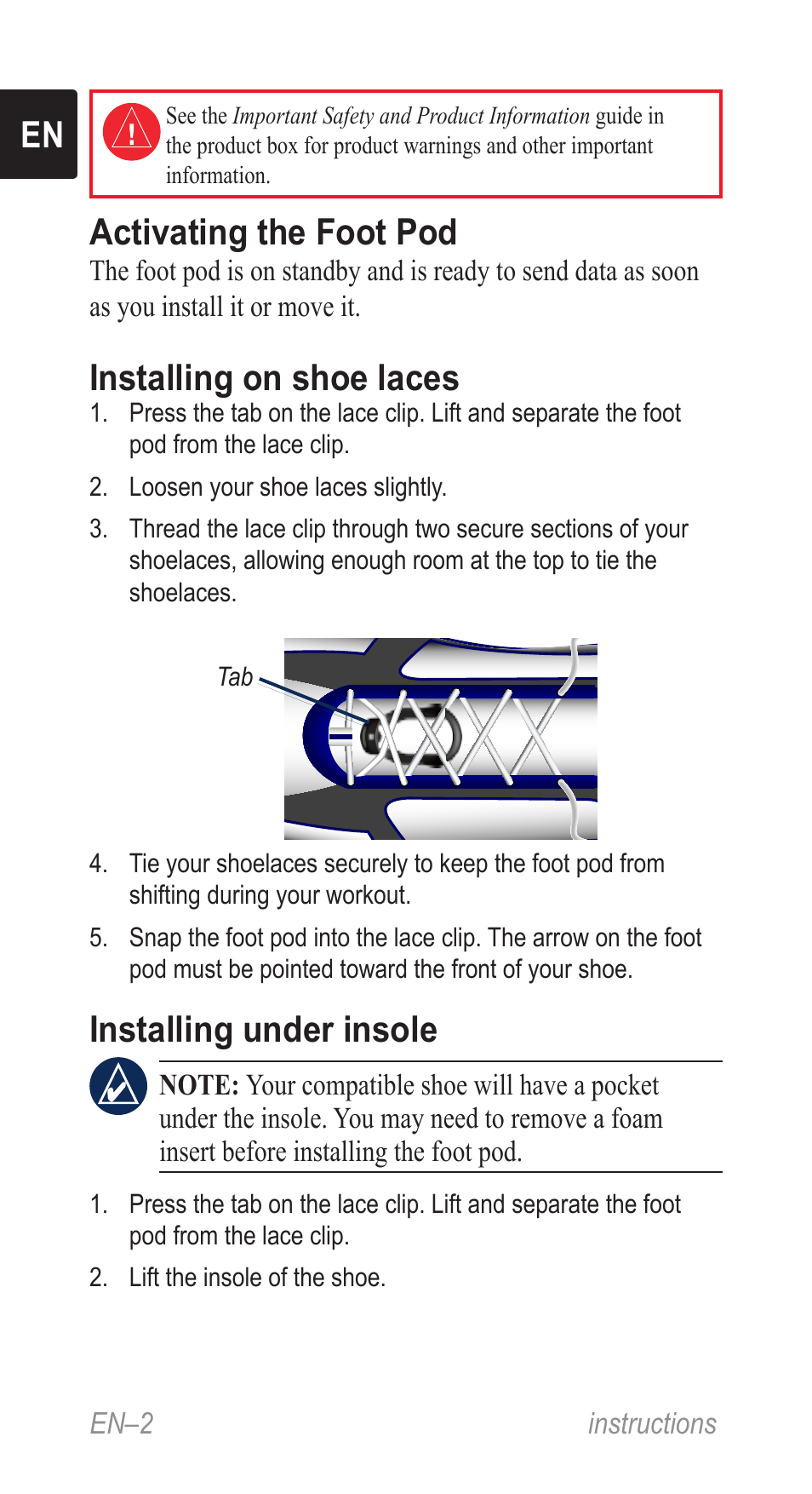 Instructions (en), Activating the foot pod, Installing on shoe laces | Installing under insole | Garmin Music Pedal User Manual | Page 2 / 36