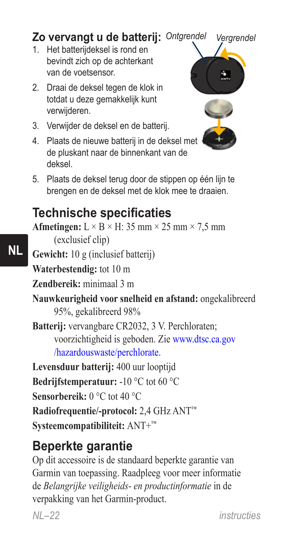 Technische specificaties, Beperkte garantie, Zo vervangt u de batterij | Garmin Music Pedal User Manual | Page 22 / 36