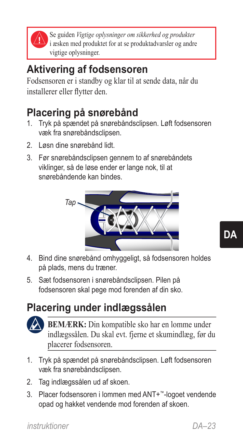 Instruktioner (da), Da aktivering af fodsensoren, Placering på snørebånd | Placering under indlægssålen | Garmin Music Pedal User Manual | Page 23 / 36