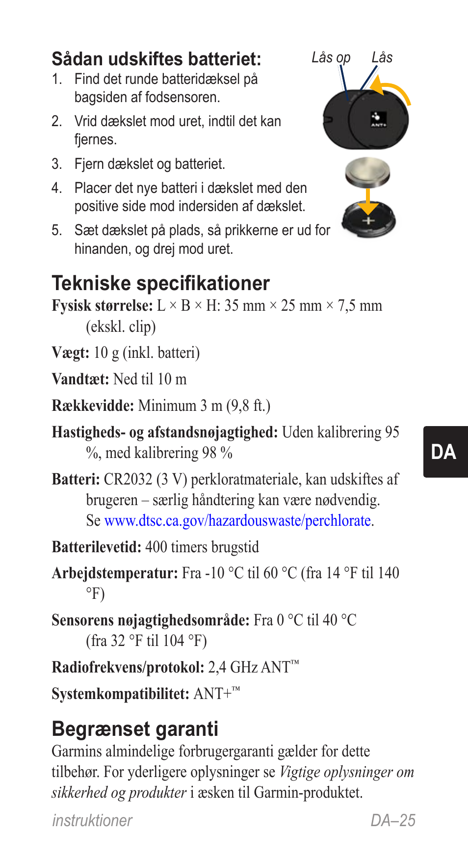 Tekniske specifikationer, Begrænset garanti, Sådan udskiftes batteriet | Garmin Music Pedal User Manual | Page 25 / 36