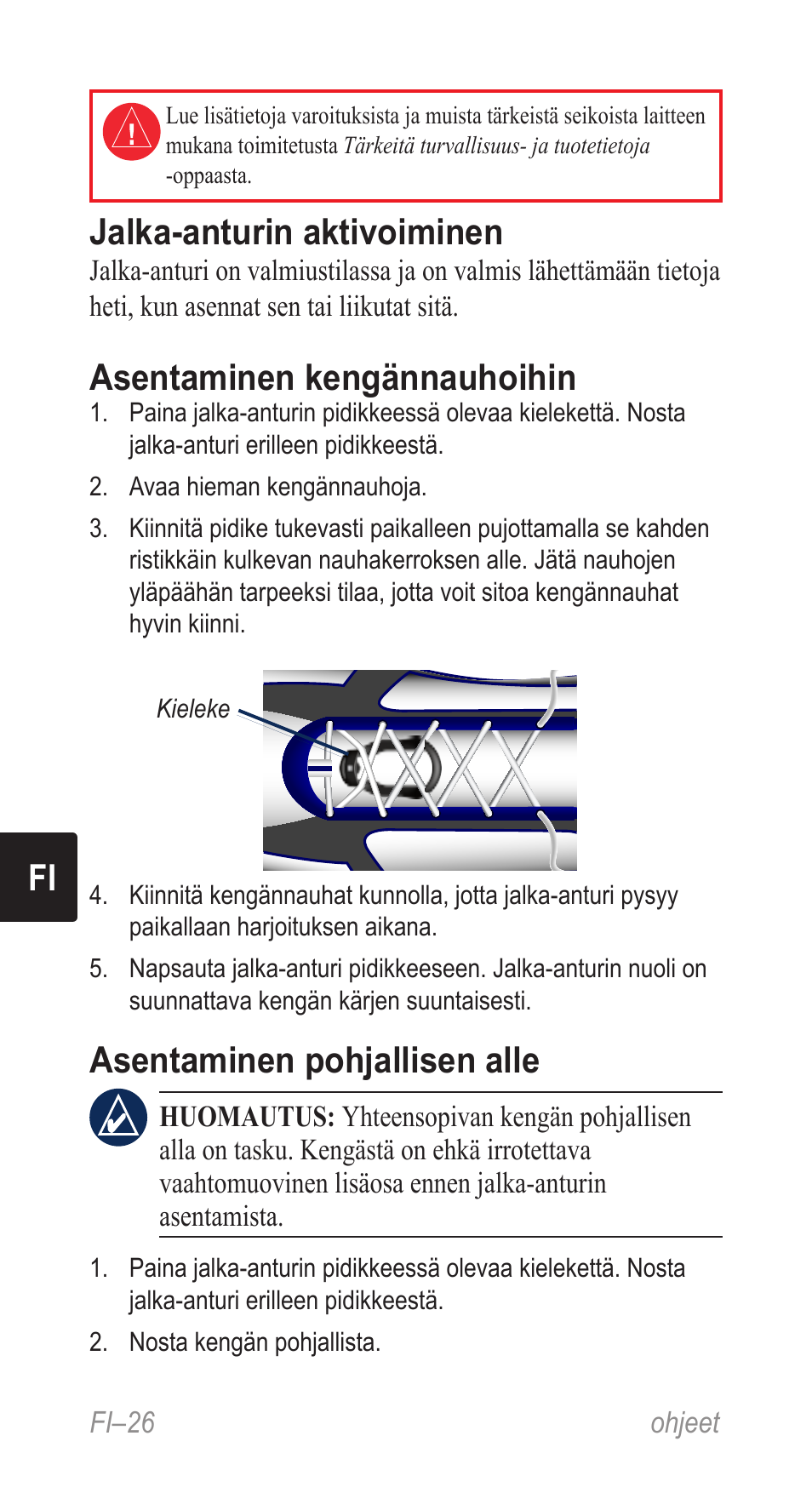 Ohjeet (fi), Fi jalka-anturin aktivoiminen, Asentaminen kengännauhoihin | Asentaminen pohjallisen alle | Garmin Music Pedal User Manual | Page 26 / 36