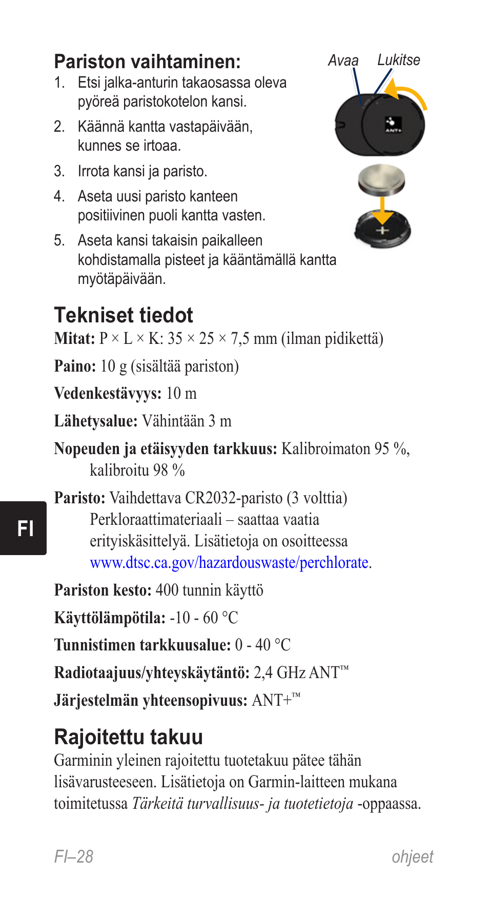 Tekniset tiedot, Rajoitettu takuu, Pariston vaihtaminen | Garmin Music Pedal User Manual | Page 28 / 36