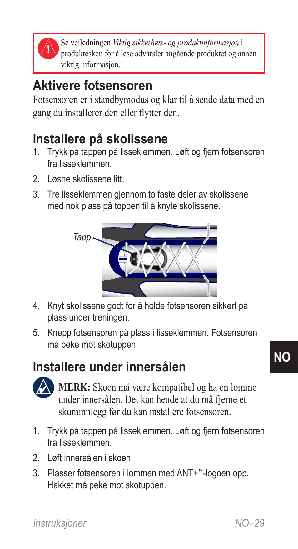 Instruksjoner (no), No aktivere fotsensoren, Installere på skolissene | Installere under innersålen | Garmin Music Pedal User Manual | Page 29 / 36