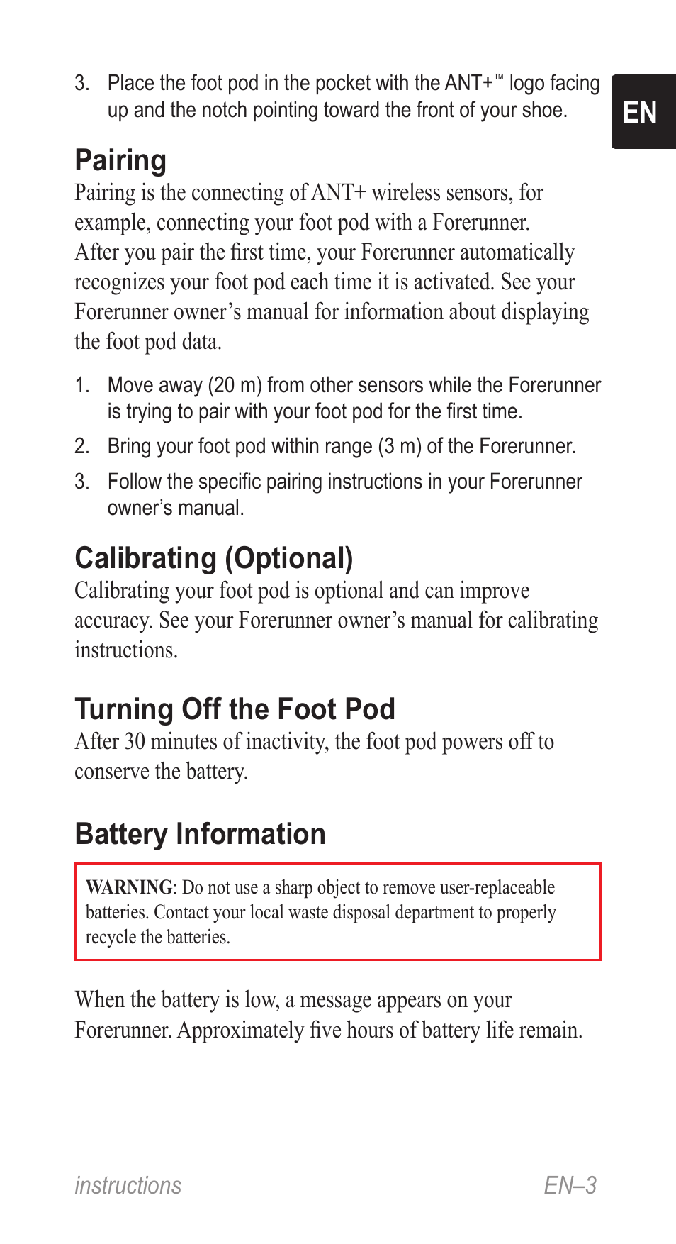 Pairing, Calibrating (optional), Turning off the foot pod | Battery information | Garmin Music Pedal User Manual | Page 3 / 36