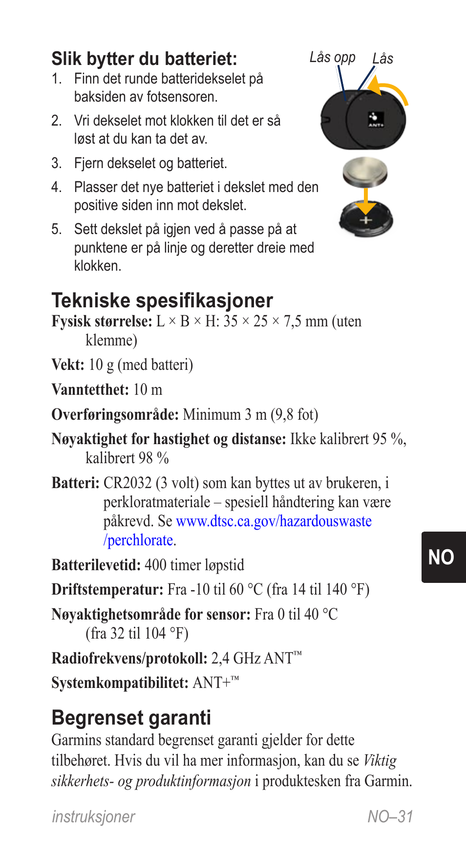 Tekniske spesifikasjoner, Begrenset garanti, Slik bytter du batteriet | Garmin Music Pedal User Manual | Page 31 / 36