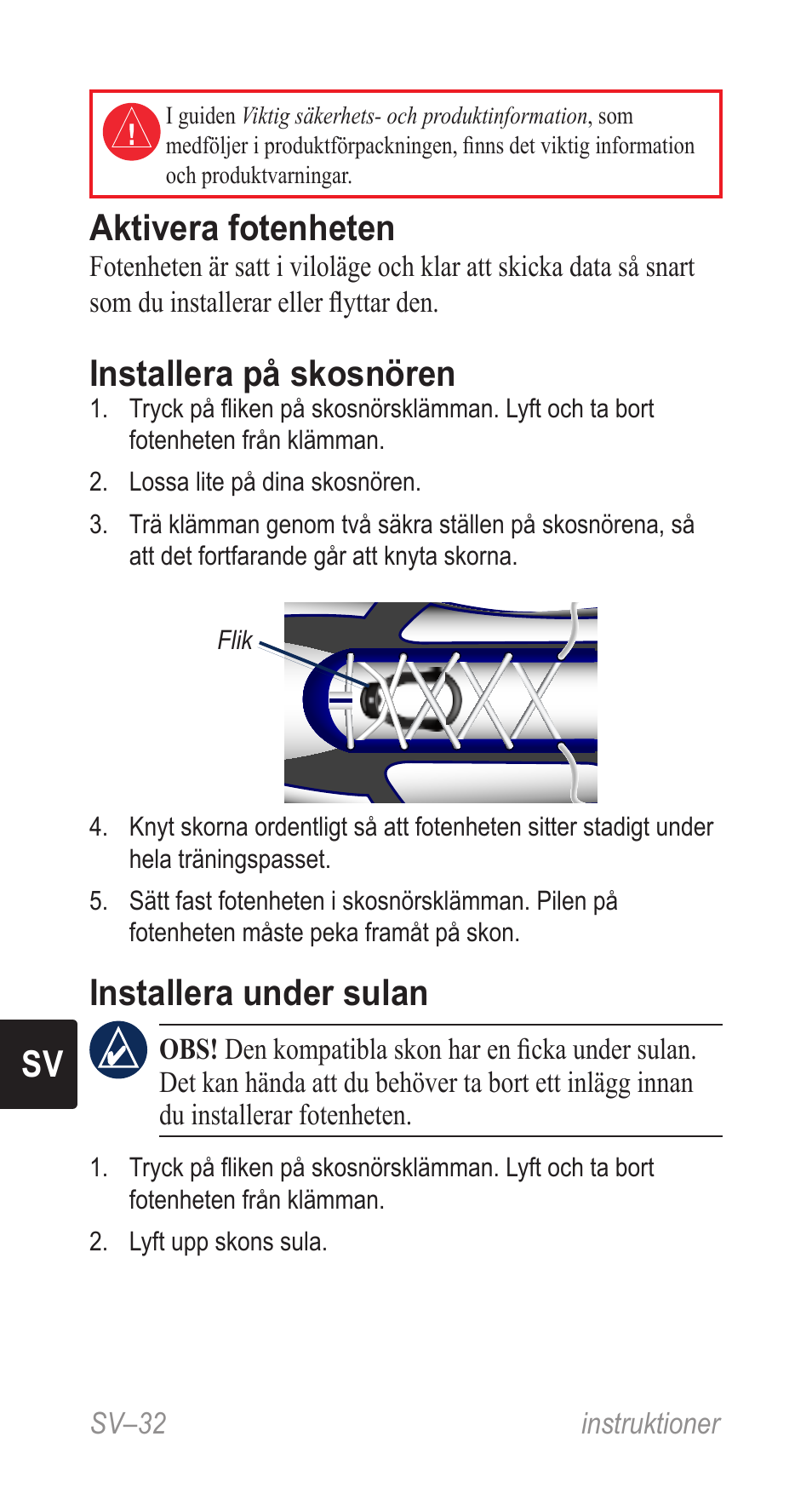 Instruktioner (sv), Sv aktivera fotenheten, Installera på skosnören | Installera under sulan | Garmin Music Pedal User Manual | Page 32 / 36