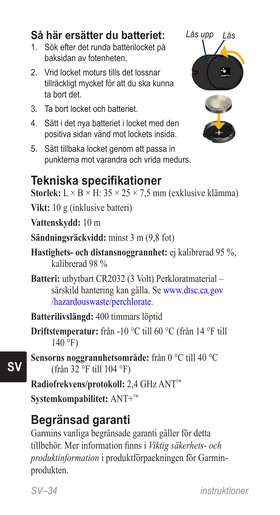 Tekniska specifikationer, Begränsad garanti, Så här ersätter du batteriet | Garmin Music Pedal User Manual | Page 34 / 36