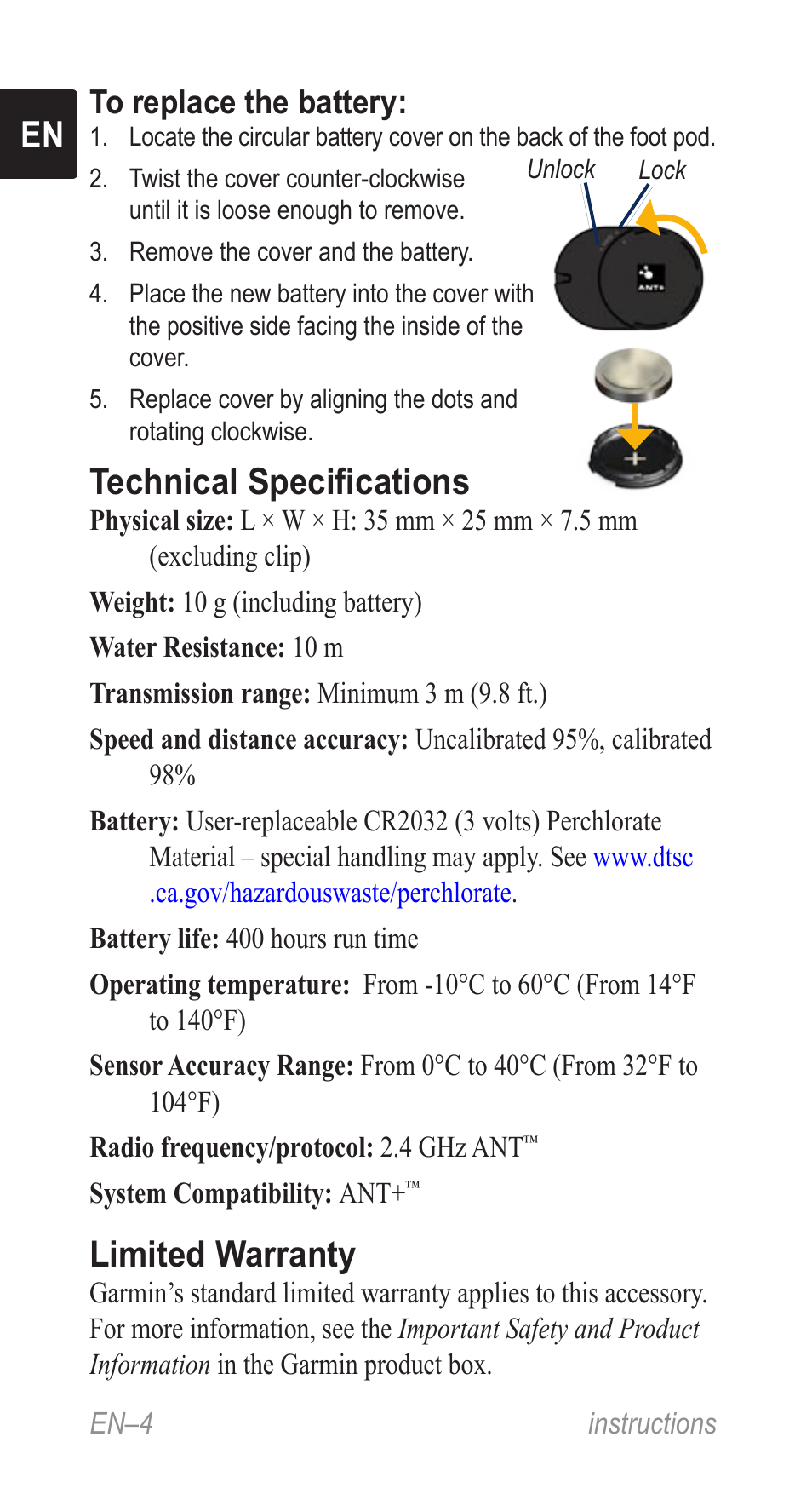 Technical specifications, Limited warranty | Garmin Music Pedal User Manual | Page 4 / 36