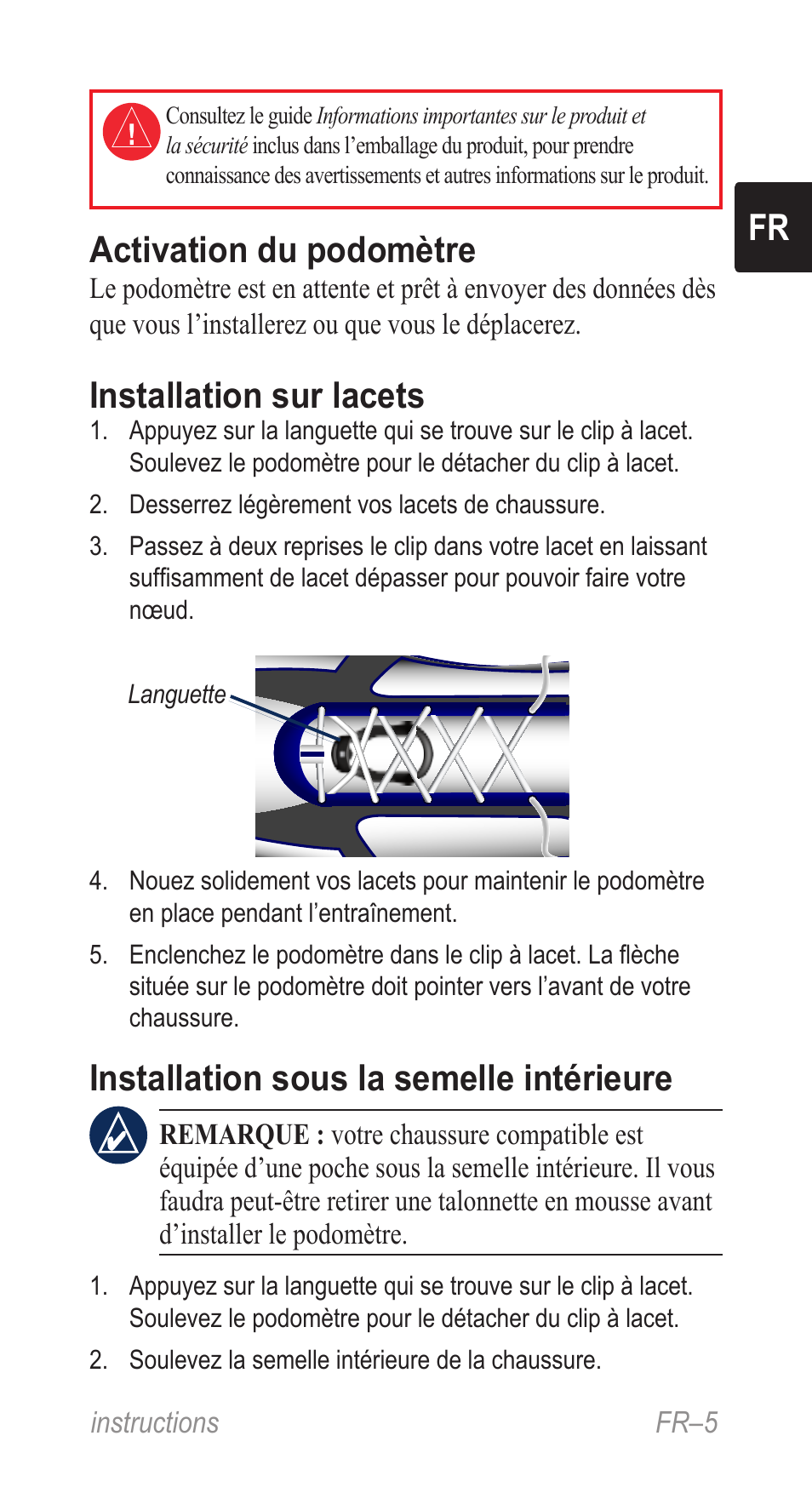 Instructions (fr), Fr activation du podomètre, Installation sur lacets | Installation sous la semelle intérieure | Garmin Music Pedal User Manual | Page 5 / 36